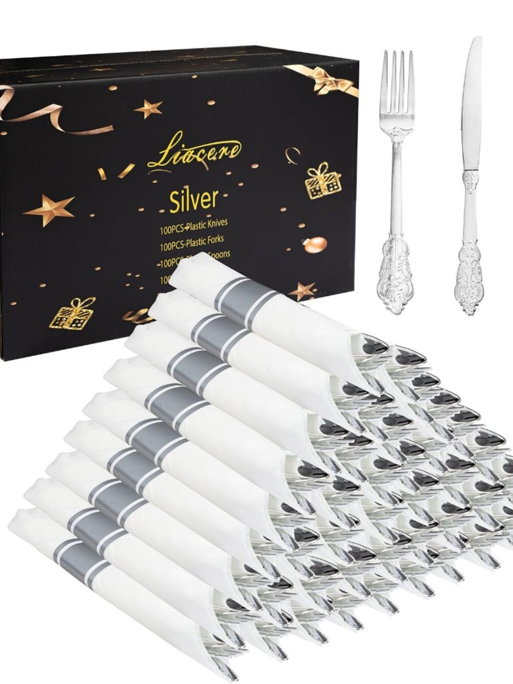 Liacere 400-Piece Silver Plastic Cutlery Set with Napkins